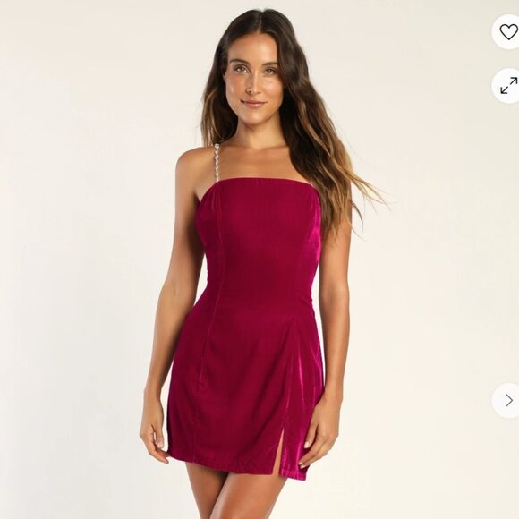 Lulus Loaded With Luxe Fuchsia Velvet Rhinestone Bodycon Mini Dress Small NWT - Picture 1 of 4